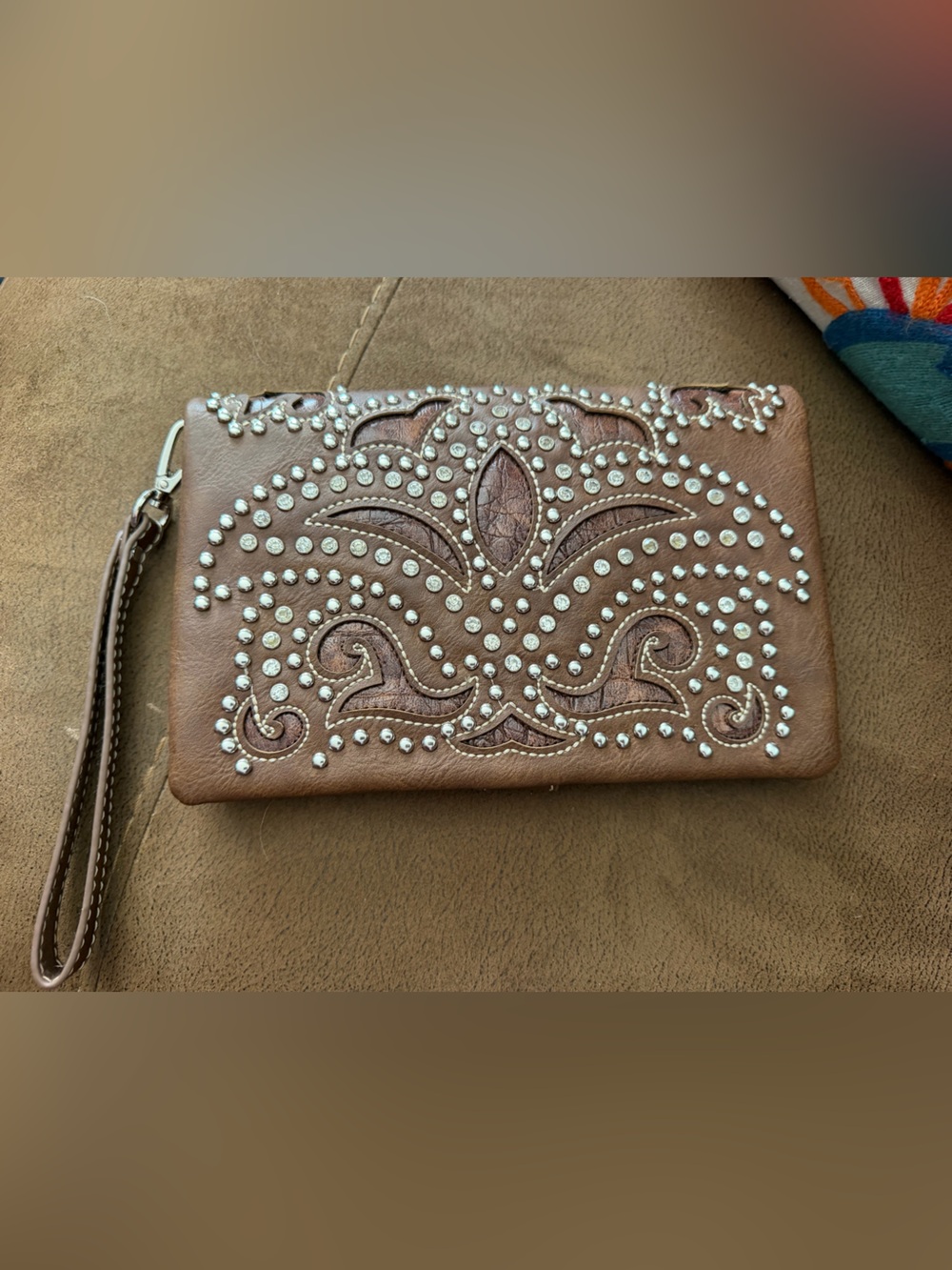 American Blind Embellished Brown Wristlet Clutch with Stud Detail